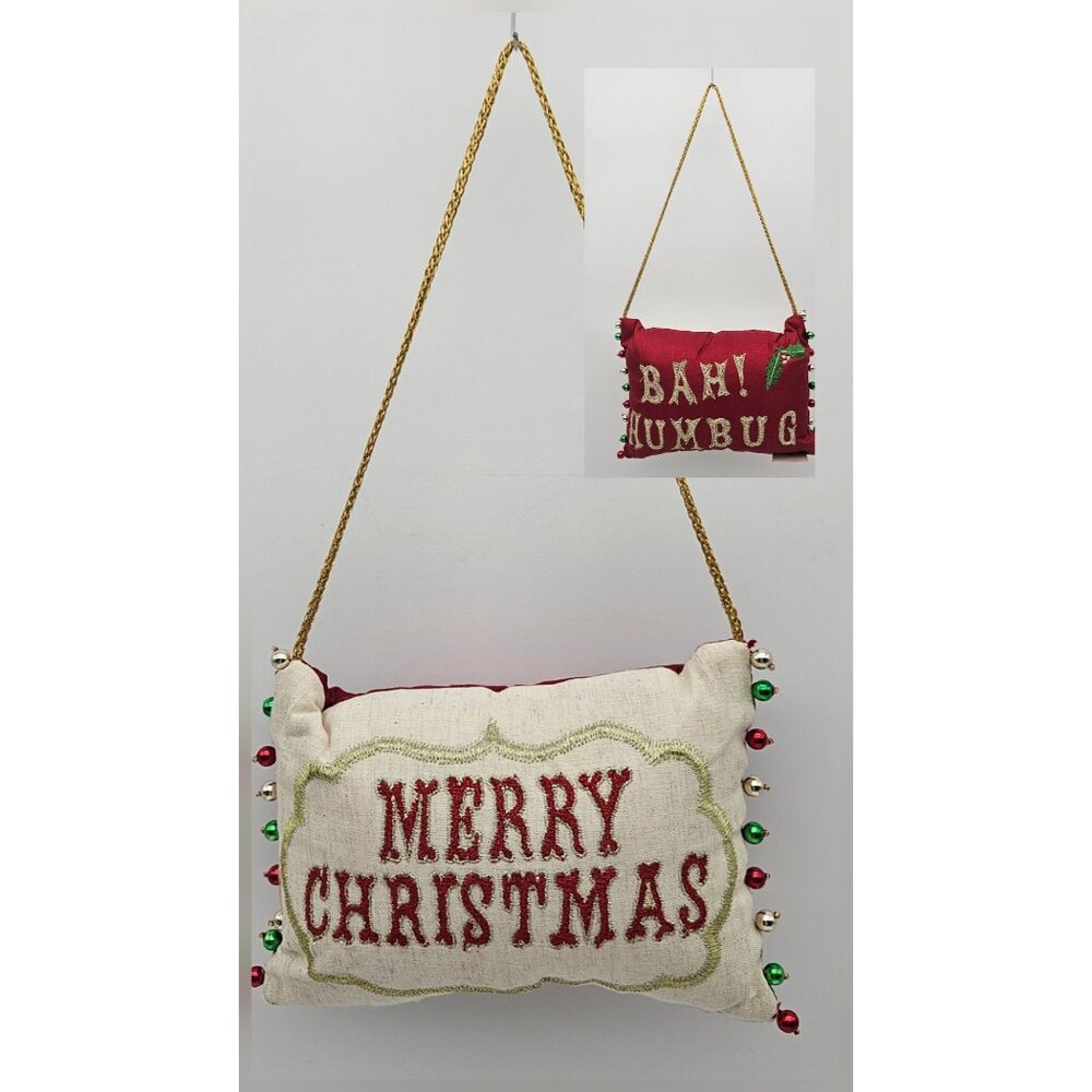 Pier 1 One Merry Christmas Bah Humbug Reversible Hanging Pillow